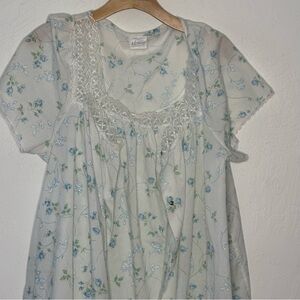 2 Piece Women L Adonna Sleepwear Nightgown Duster Robe Floral White Blue Granny